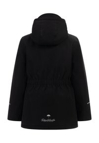 Svart vattentät jacka med huva, elastisk midja och broderad logotyp. Har långärmar och ett slätt, texturerat tyg.