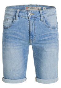 Shorts in denim azzurro chiaro con un classico design a cinque tasche e risvolti. Presentano una texture sbiadita e delicati dettagli di cucito.