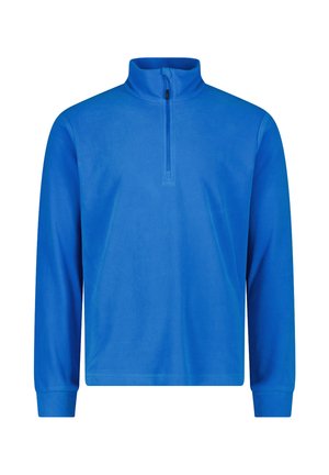 Blauer Fleece-Pullover mit langen Ärmeln, Viertelreißverschluss und Stehkragen, mit gerippten Bündchen und glatter Vorderseite.