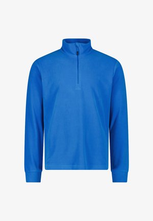 Pull polaire bleu à manches longues avec une fermeture éclair au quart et un col montant, avec des poignets côtelés et un devant uni.