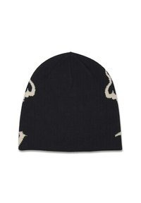 Beanie nera in maglia con motivo grafico color crema. Texture liscia, design aderente e cima arrotondata con una cucitura al centro.
