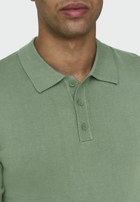 Polo shirt verde chiaro con un tessuto a maglia testurizzata, chiusura a tre bottoni e colletto classico per un look pulito e informale.