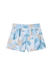 Pantaloni corti in cotone con uno sfondo blu, adornati da motivi floreali beige e blu chiaro, design plissettato e una vita elasticizzata.