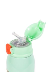 Grüne Wasserflasche mit geöffnetem Klappdeckel und klarem, integriertem Strohhalm, mit einem roten Druckknopfverschluss an der Seite.