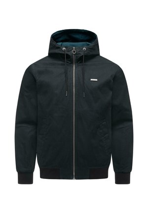 Schwarze Kapuzenjacke mit Reißverschluss, verstellbaren Kordeln, Vordertaschen sowie gerippten Bündchen und Saum.