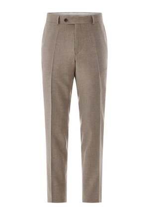 Beige maßgeschneiderte Hose mit Vorderfalten, Knopfverschluss am Bund und geradem Bein.