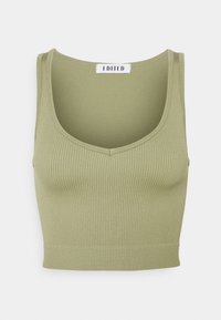 Oliivinvihreä ribbatut crop-top, jossa on V-mallinen kaula-aukko, ominaisuutenaan istuva muotoilu ja sileä pinta. Etiketissä lukee "EDITED" kaula-aukossa.