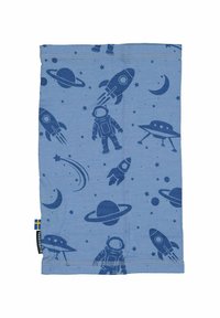 Blå stof halsgaiter med rummodellerede print: raketter, en astronaut, UFO'er og planeter. Glat tekstur med syede kanter.