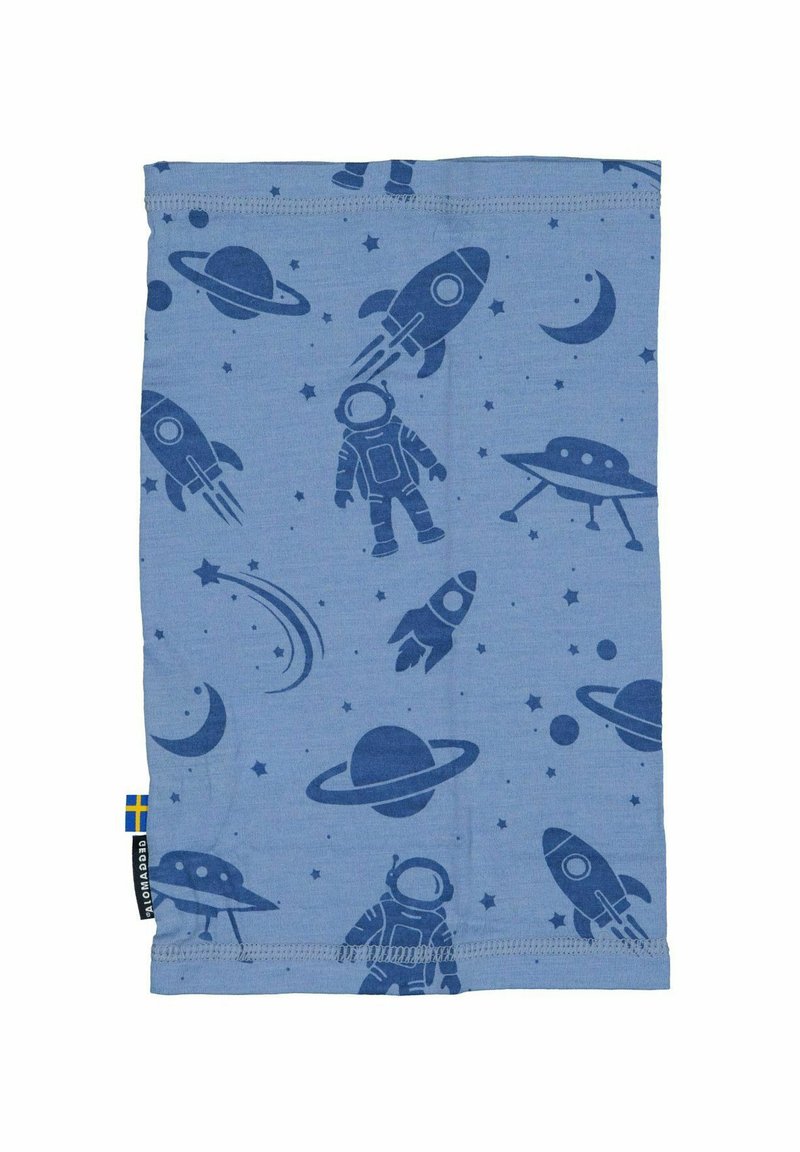Blå stof halsgaiter med rummodellerede print: raketter, en astronaut, UFO'er og planeter. Glat tekstur med syede kanter.