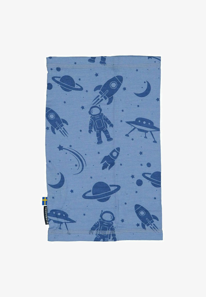 Sininen kangas kauluri, jossa on avaruusteemaisia kuvastoja: raketteja, astronautti, UFOja ja planeettoja. Sujuva pinta ja ommellut reunat.