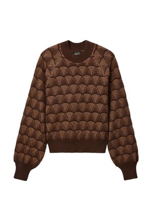 Pull en tricot marron avec un motif en vagues texturé, des poignets côtelés et un col rond. Le tissu est doux et présente une apparence confortable.