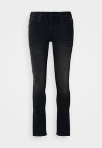 Jeans de mezclilla negra con corte recto, cinco bolsillos, detalles de desvanecimiento sutil y elementos de metal, sobre un fondo blanco liso.