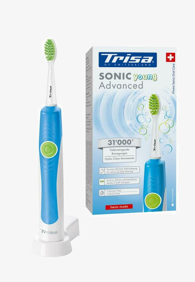 Elektrische Zahnbürste mit einem weißen, ergonomischen Griff und blauen Akzenten, ausgestattet mit einem grünen Bürstenkopf. Inklusive Ladebasis und Verpackung.