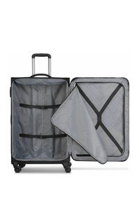 Black suitcase with a retractable handle, interior straps for securing items, and a gray lining with a crosshatch pattern. Four wheels for mobility.
