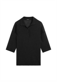 Black knit polo shirt with a collar and three-button placket, featuring elbow-length sleeves and a straight hem.