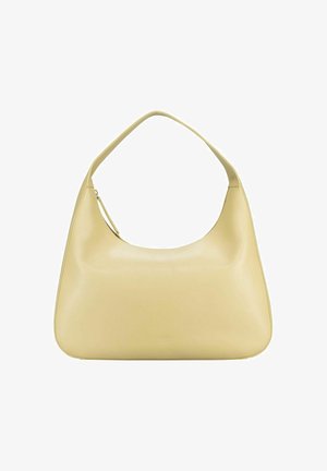 Sac à épaule en cuir beige lisse avec une large bandoulière et un bord supérieur incurvé, présenté sur fond blanc.