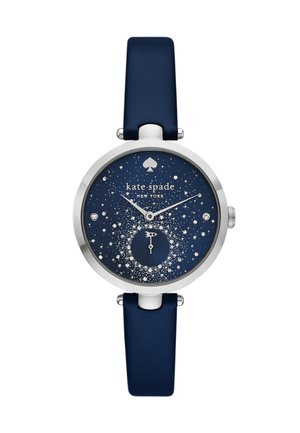 Navy blue watch with a round silver case and a sparkling starry dial. Features a small subdial, silver hands, and a smooth leather strap.