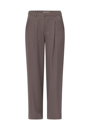 Bukser i mørk taupe stof, med et lige ben design, pleats foran, og en glat tekstur med en skræddersyet talje.