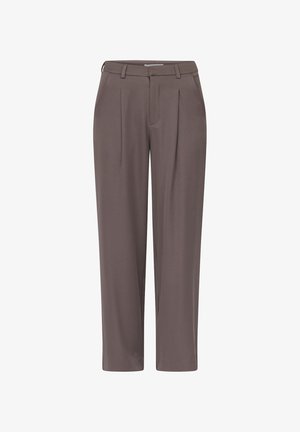 Bukser i mørk taupe stof, med et lige ben design, pleats foran, og en glat tekstur med en skræddersyet talje.