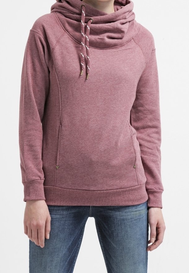 Felpa bordeaux con collo a cappa, dettaglio con coulisse, maniche raglan e due tasche laterali. Tessuto morbido con vestibilità rilassata e polsini a costine.