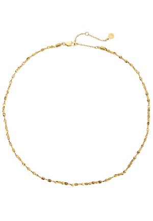 Delicate gouden ketting met kleine afgeronde schakels en een karabijnsluiting met een verstelbare korte verlengkettinkje.
