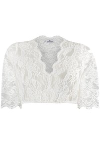 Weißes Spitzen-Croptop mit einem wellenförmigen Ausschnitt und Dreiviertelärmeln, das mit kunstvollen Blumenmustern durchzogen ist.
