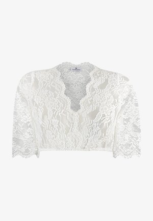 White lace cropped top with a scalloped neckline and three-quarter sleeves, featuring intricate floral patterns throughout.