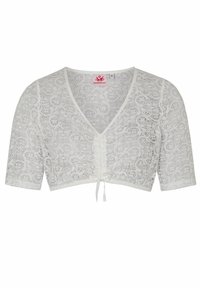 Weißes Spitzen-Croptop mit kurzen Ärmeln, V-Ausschnitt, gerafftem Vorderteil und verstellbarem Bindeband in der Taille.