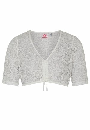 Top corto in pizzo bianco con maniche corte, dotato di scollatura a V, fronte arricciato e dettaglio con laccetto regolabile in vita.