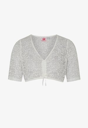 Weißes Spitzen-Croptop mit kurzen Ärmeln, V-Ausschnitt, gerafftem Vorderteil und verstellbarem Bindeband in der Taille.