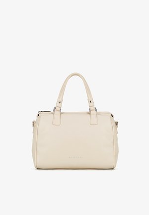 Cremefarbene, strukturierte Lederhandtasche mit zwei Griffen, silberner Hardware und Reißverschluss, vorne in der Mitte mit dem Markenname Wittchen.