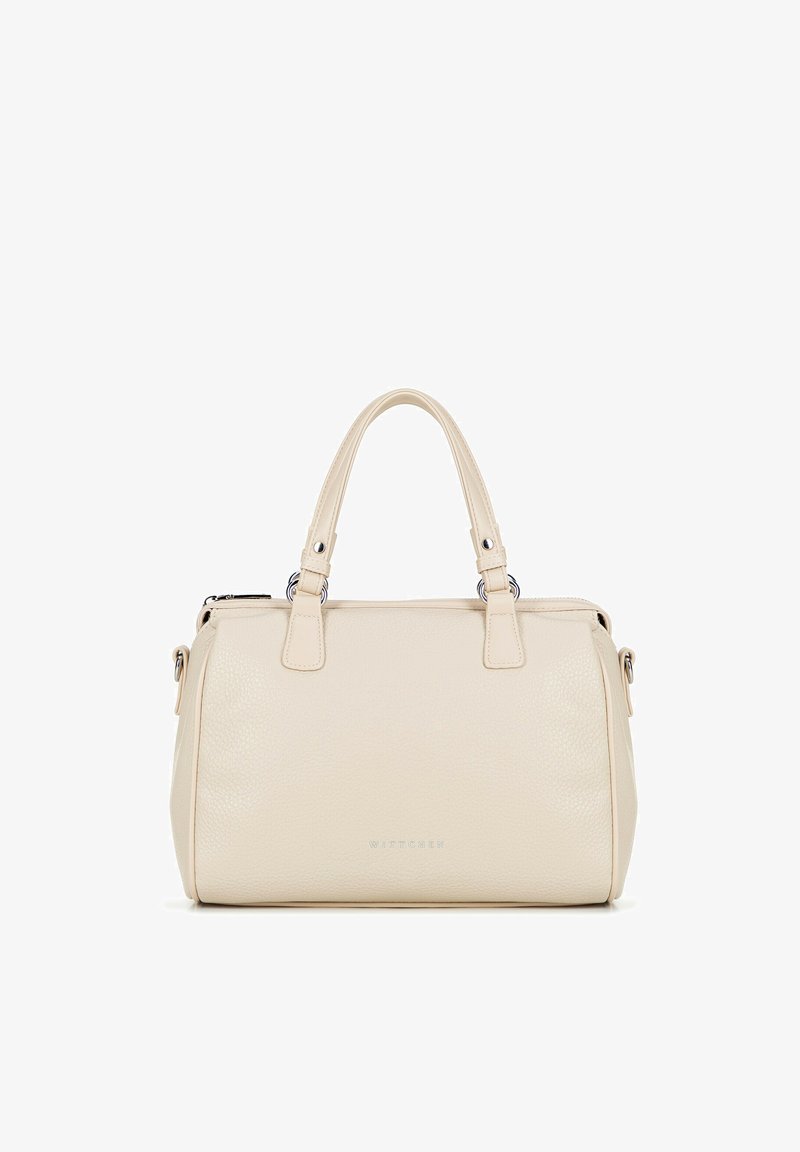 Kremowa torebka ze skóry o fakturze, z dwoma uchwytami, srebrnymi okuciami i zamkiem błyskawicznym, z logo Wittchen na środku przodu.