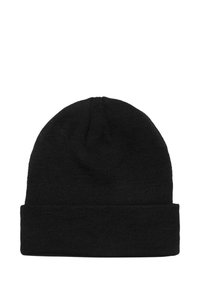 Bonnet en tricot noir avec une finition douce et texturée et un design à revers. Style simple et sans ornement, adapté à de nombreuses occasions.