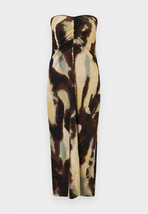 Robe sans bretelles avec un bustier froncé, ornée de motifs abstraits dans des teintes brunes, beiges et vertes, fabriquée dans un matériau doux et extensible.