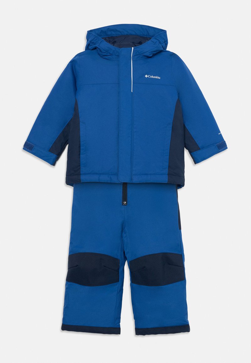 Zila un tumši zila izolēta divdaļīga bērnu sniega uzvalks ar kapuci un pastiprinātām ceļa vietām.