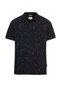 Donkerblauwe polo met een gestructureerd abstract patroon, een placket met twee knopen, en een klein logo op de linkerborst.