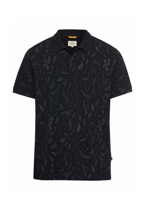 Donkerblauwe polo met een gestructureerd abstract patroon, een placket met twee knopen, en een klein logo op de linkerborst.