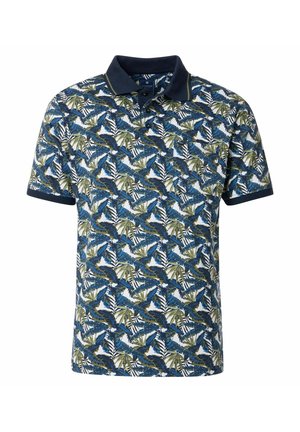 Korte ærmer polo shirt i hvid med et livligt mønster af grønne og blå blade, suppleret af en mørkeblå krave og ærmekanter.