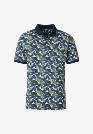 Korte ærmer polo shirt i hvid med et livligt mønster af grønne og blå blade, suppleret af en mørkeblå krave og ærmekanter.