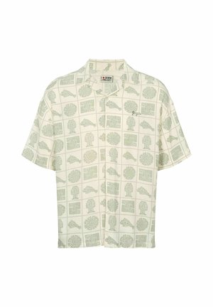 Camicia a maniche corte con bottoni, con simboli geometrici e astratti verde chiaro su sfondo crema, etichettata Denim Project.