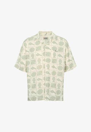 Rövid ujjú, gombos ing világoszöld geometriai és absztrakt szimbólumokkal krémszínű háttéren, Denim Project felirattal.