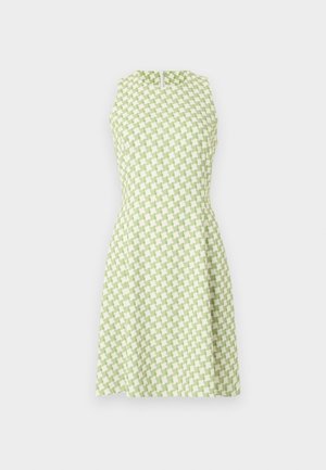 Sleeveless A-line dress with green and white houndstooth pattern, featuring a round neckline and a back zipper closure.
