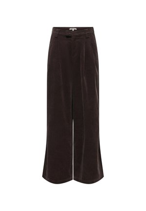 Pantaloni a gamba larga in corduroy marrone scuro, con un frontale plissettato, passanti per cintura e una texture liscia. Senza tasche visibili.