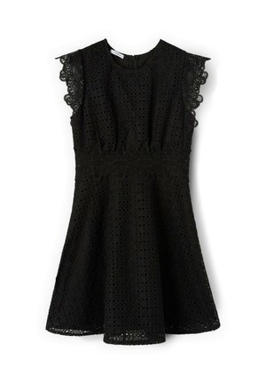 Schwarzes ärmelloses Spitzenkleid mit geschwungenen Kanten an den Schultern, tailliertem Schnitt und ausgestelltem Rock, mit detailliertem Lochmuster.