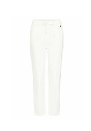 White trousers made of fabric, featuring a drawstring waist, two side pockets, and a straight leg design for a relaxed fit.