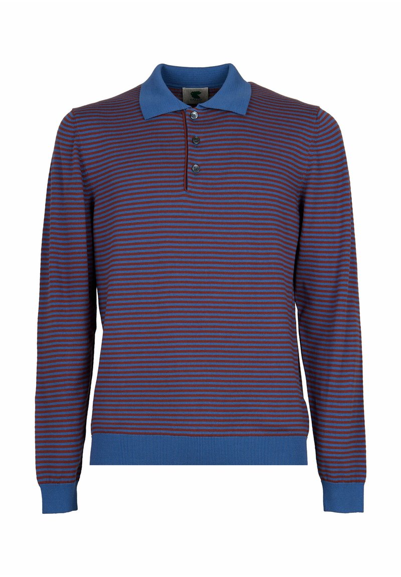 Polo a maniche lunghe con colletto blu, patta dei bottoni e una fantasia a righe rossa e blu. Tessuto morbido e texture.