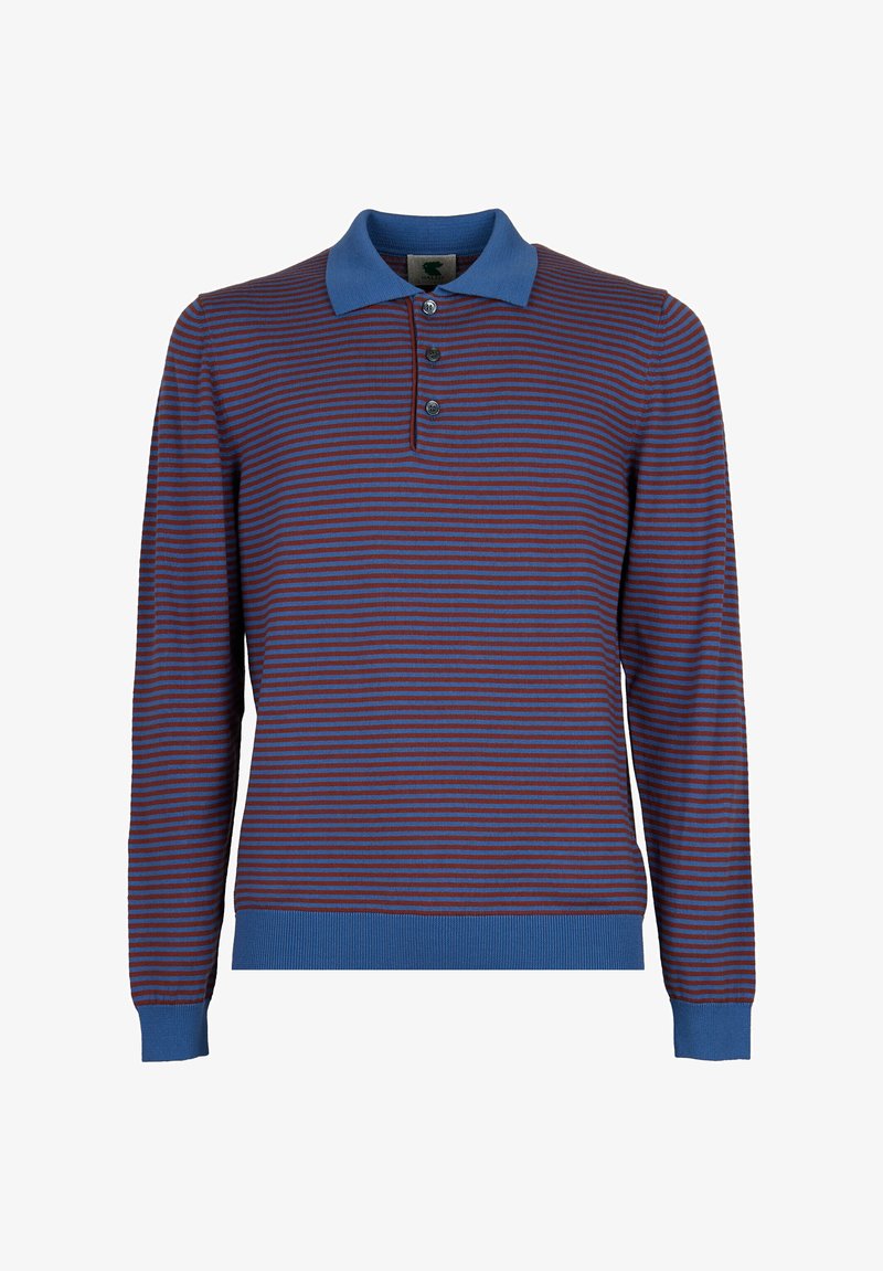 Polo a maniche lunghe con colletto blu, patta dei bottoni e una fantasia a righe rossa e blu. Tessuto morbido e texture.