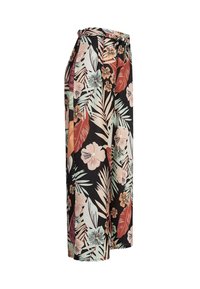 Blomstrete bukser med svart bakgrunn, med flerfargede tropiske blader og blomster, vid bensnitt og elastisk midjebånd.