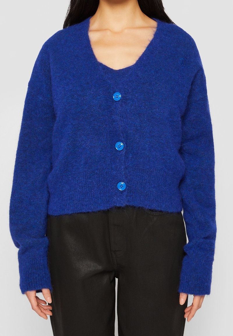 Blå, fluffig stickad cardigan med V-ringning, som har fyra blå knappar framtill. Avkortad design med långa ärmar.