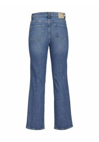 Mėlynos džinsinės kelnes su plačiais dugnais, vidutinio aukščio liemeniu, dviem užpakalinėmis kišenėmis ir odine etikete ant liemens, pagamintos iš tekstūruoto audinio.